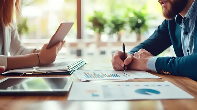 Dedicated business professionals analyzing financial data and market reports, collaborating on investment strategies and growth plans in a modern office environment - Powered by Adobe