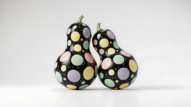 Two painted polka dot gourds on a clean white background