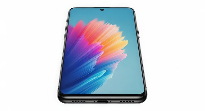 Sleek smartphone with vibrant display showcasing a colorful abstract wallpaper, highlighting the devices modern design and edgetoedge screen technology