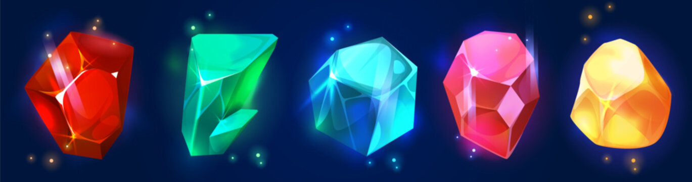 Game crystal gem collection with magic precious diamond gemstones in vibrant colors - glowing jewel stones on dark background. Fantasy treasure assets for rpg ui, mobile puzzle or match 3 games.