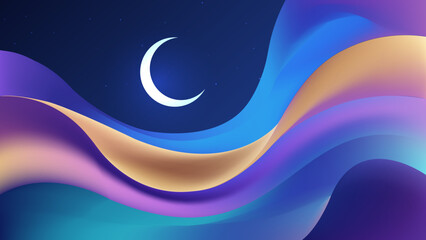 Dynamic fluid gradient Islamic abstract background featuring a crescent moon, smooth wavy motion, and vivid color transitions. Perfect for modern, creative, and spiritual designs.
