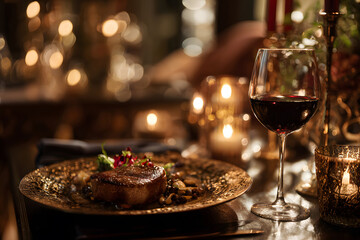 Fototapeta premium Fine dining experience featuring steak and wine in a cozy restaurant ambiance
