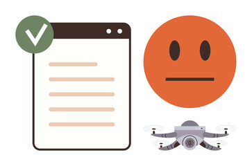 Checklist with approval mark, neutral face expressing uncertainty, and quadcopter representing technology. Ideal for decision-making, technology use, survey feedback, data analysis, validation