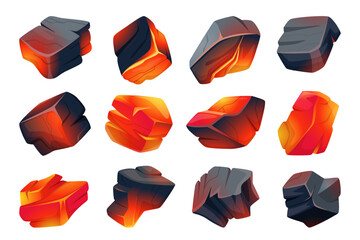 Coal set. Pieces of burning black coal exact vector coal collection for fireplace