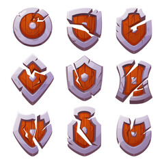 Damaged shields. Broken armor for knights exact vector cartoon shield collection