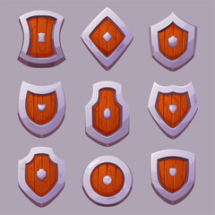 Cartoon shields. Medieval items for knight protection exact vector armor and weapons