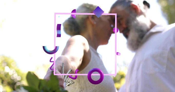 Wedding couple leaning in holding bouquet as camera pulling focus and overlay framing bouquet