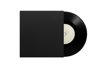 Black vinyl record with blank white label peeking from plain album cover, music record disc in retro sleeve template