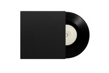 Black vinyl record with blank white label peeking from plain album cover, music record disc in retro sleeve template
