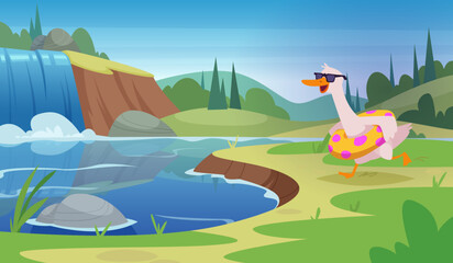 Goose. Cartoon outdoor background with cute funny duck or goose flying and walking exact vector template