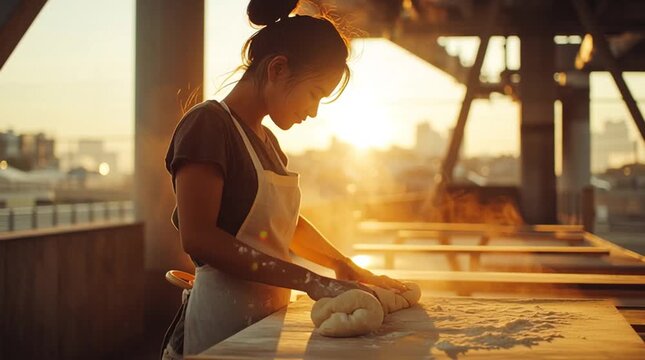 Sunset Baker: A baker, illuminated by golden hour, lovingly works dough on a rooftop, the city skyline in the warm light of dusk.