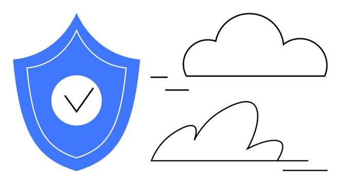 Blue shield with checkmark alongside outline clouds, symbolizing cloud safety, trust, online protection, and secure data storage. Ideal for cybersecurity, cloud computing, IT, privacy data handling