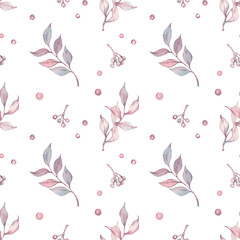 Watercolor seamless pattern with twigs and leaves. Branches and leaves in purple and pink flowers, clusters of berries. Hand-drawn print for wrapping paper and textiles.