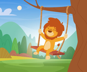 Swing animals background. Cartoon little childish animals playing on playground for kids exact vector swing characters