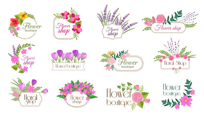 Floral badges. Design templates with decorative flowers and floral elements recent vector illustration with place for text