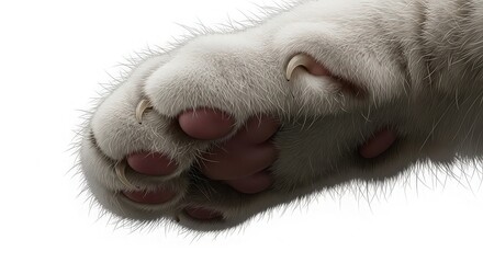 Fototapeta premium Closeup of a cats paw showing the pink paw pads and claws isolated on white background the fur is white and fluffy, and the paw is slightly angled
