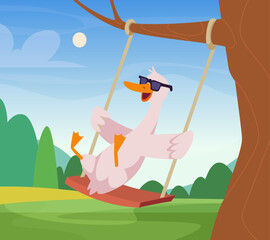 Duck on swing. outdoor background with cartoon cartoon funny bird. vector duck
