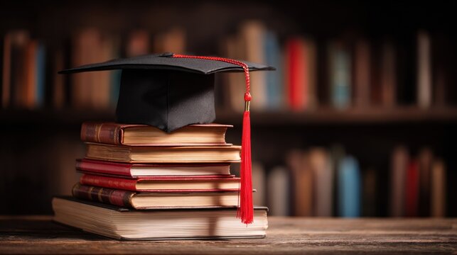 Graduation cap on a stack of books in a library.