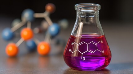 A flask with a purple liquid and a molecular model in the background.