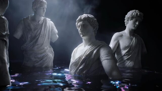 Ancient marble statues rise from dark reflective water under beams of light, merging classical beauty with surreal, dreamlike mystery.