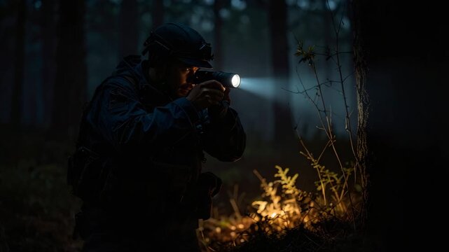 Night Patrol Scene with Game Warden Using a Flashlight in a Misty Forest