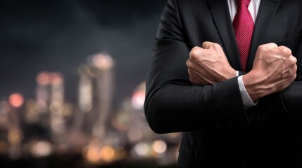 A man in a suit with his arms crossed, standing in front of a city skyline at night.
