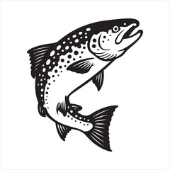 Black and white illustration of a leaping trout fish in a dynamic pose against a white background