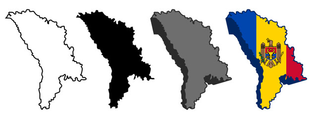 set vector moldova flag in map icon. Detailed moldova map silhouette. 3D isometric moldova map symbol design template illustration