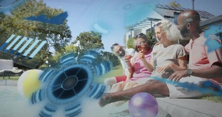 Four friends with drinks kicking water while HUD appearing over pool animating beach ball for ads - Powered by Adobe