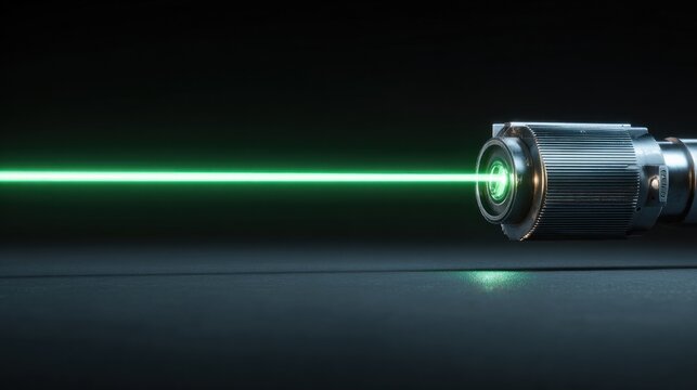 A green laser beam emitting from a black cylindrical object against a dark background.