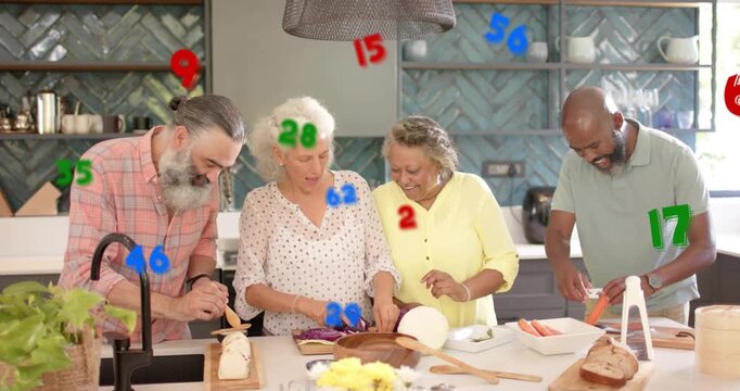 Senior woman chopping cabbage while woman in yellow reaching to assist, group preparing food