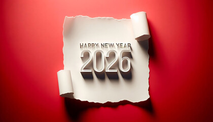 Happy New Year 2026: Torn Paper Card With Rolled Edges On Red Background...