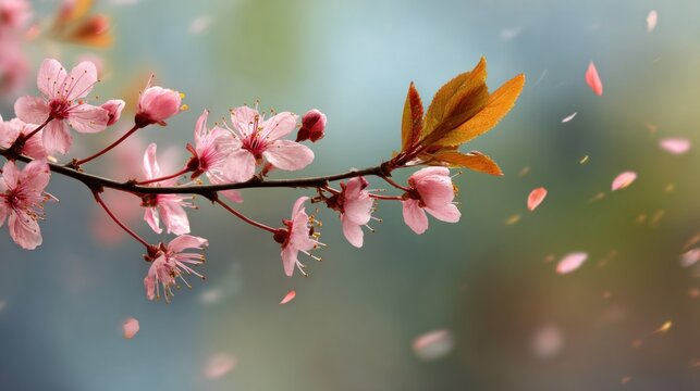 A branch of cherry blossoms with pink petals and green leaves against a blurred background.