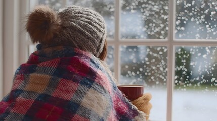woman sitting near window with blanket and hot drink watching snowfall 