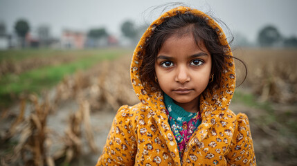 A young girl wearing a yellow floral hoodie stands confidently in a field with dried crops surrounding her on a foggy day, showing deination and resilience.