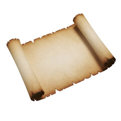 Old rolled parchment scroll with burnt tattered edges.