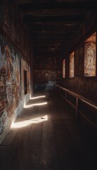 Fototapeta premium Ancient temple corridor reveals vibrant Hindu murals bathed in warm sunlight a sacred cultural heritage