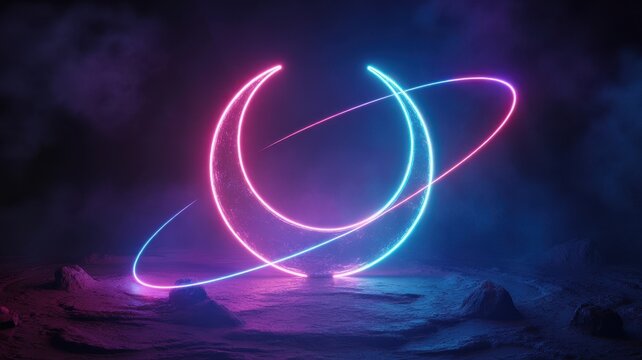 Abstract neon light trails in pink and blue with dark background