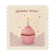 Retro birthday postage stamp featuring a vintage cupcake with a candle and star decorations for festive celebrations