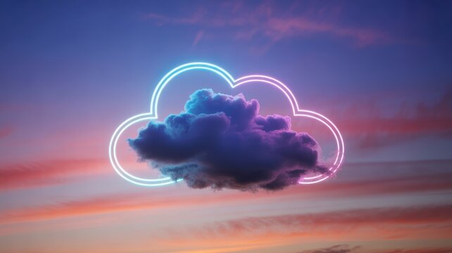 Abstract neon cloud shape glowing in a colorful sunset sky