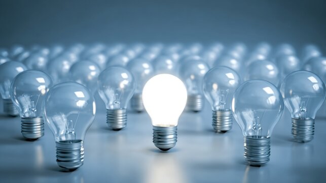 A group of light bulbs with one glowing brightly among a cluster of unlit ones.