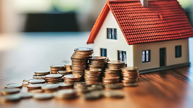 Stack of coins in front of a model house, symbolizing real estate investment and financial growth