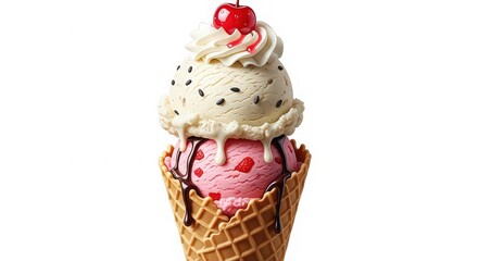 Delicious ice cream cone with cherry on top isolated on white background the perfect treat for a hot day, featuring strawberry and vanilla flavors