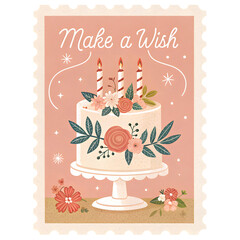 Vintage postage stamp depicting an old fashioned birthday cake with flowers and candles celebrating a special occasion