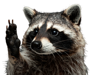 A close-up shot of a raccoon raising its paw in a greeting gesture, on a transparent background