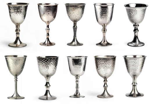 A set of ten silver goblets with a hammered finish.