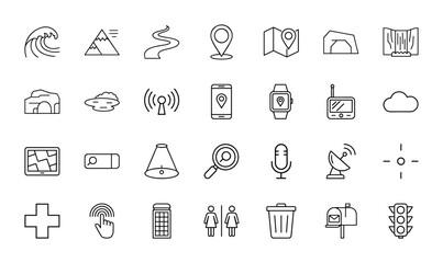 Fototapeta premium Diverse line icon set. Vector pictograms of wave, mountain, map, smartphone, microphone, satellite, restroom, and traffic light, thin linear illustration.