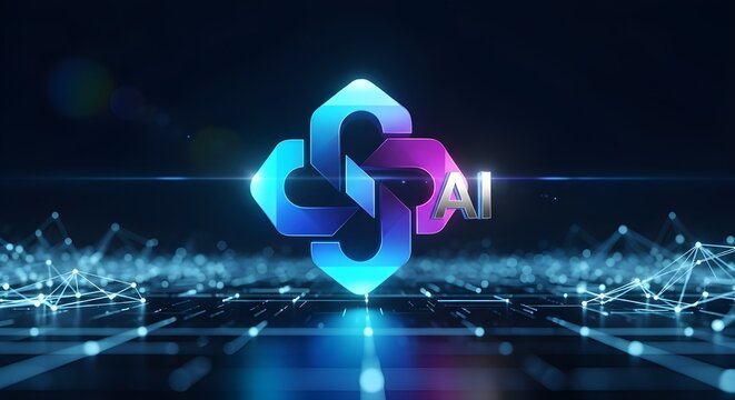 Abstract glowing futuristic digital network symbol with neon blue and purple light effects