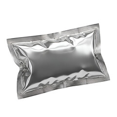 Shiny silver foil packet packaging for food or other products.