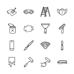 Painting and renovation line icon set. Vector pictograms of paintbrush, goggles, ladder, mask, paint can, putty knife, trowel, color card, paint roller, and tray, thin linear illustration.